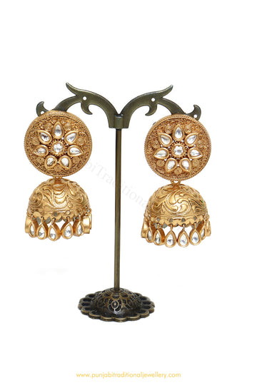 Gold Finished Kundan Jhumki Earrings by PTJ